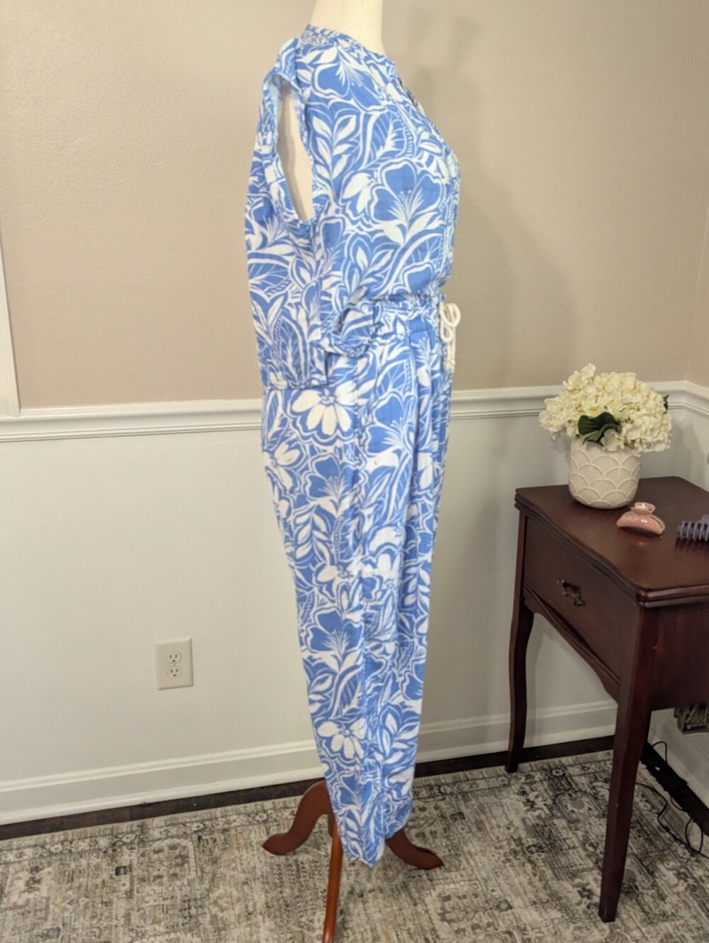 Old Navy Linen Blue And White Matching Set Barrel Leg Sizes M And L - Picture 4 of 11